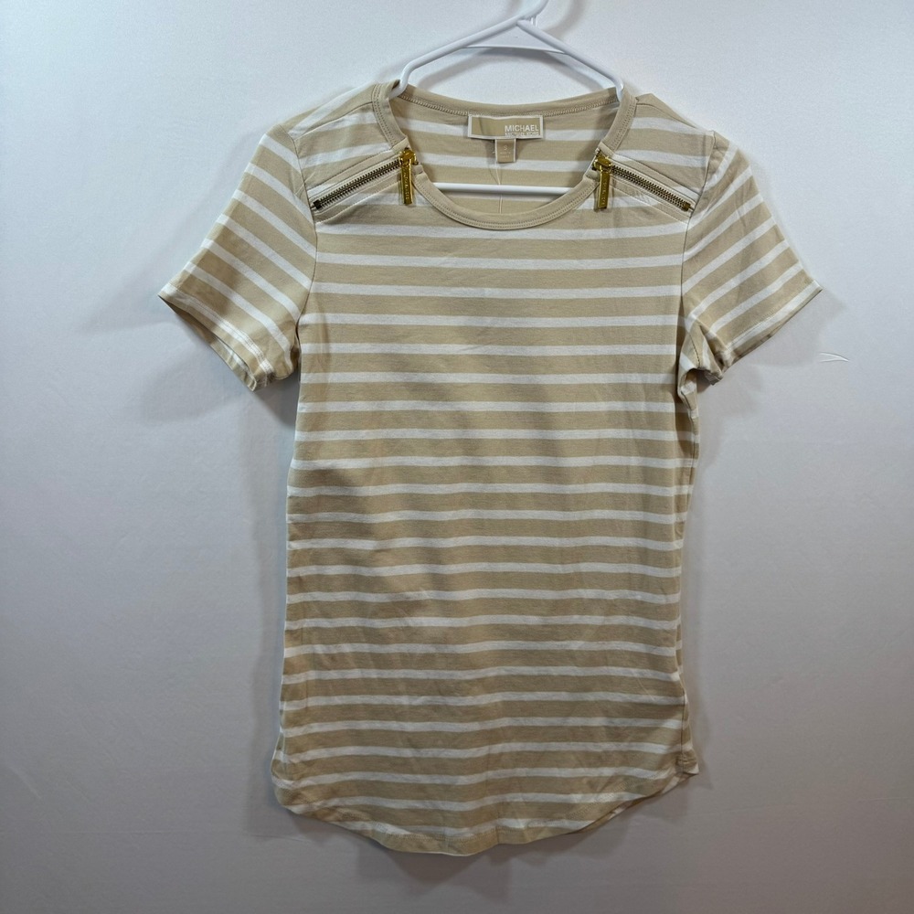 Michael Kors Womens Striped Zipper Shoulder T-Shirt Tan White Small NEW